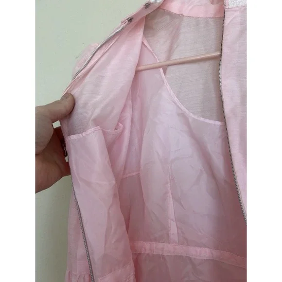 Vintage 70s Handmade Maxi Dress Baby Pink Lace Cottagecore Puff S M High Neck